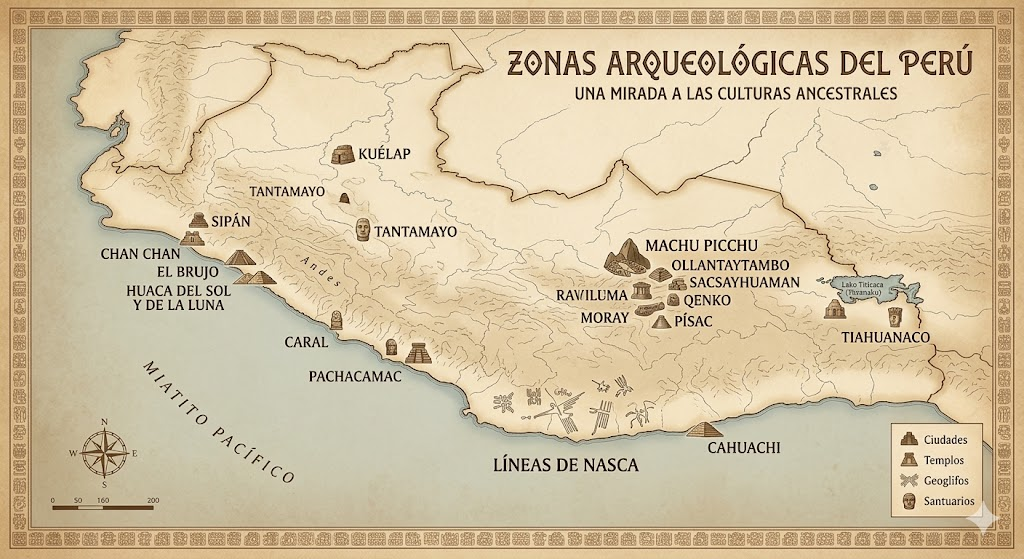 Zonas arqueológicas del Perú — mapa ilustrado de sitios y culturas ancestrales